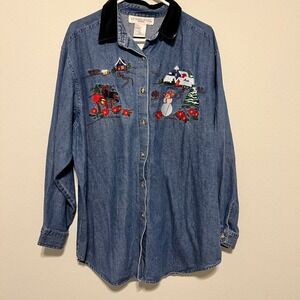 Victoria Jones Woman Embroidered Denim Button Shirt Winter Scene Snowman Cottage